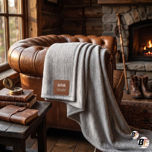 Custom Monogram Faux Leather Patch Herringbone Fleece Blanket