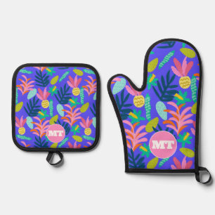 Custom monogram floral blue oven mitts mitt & pot holder set