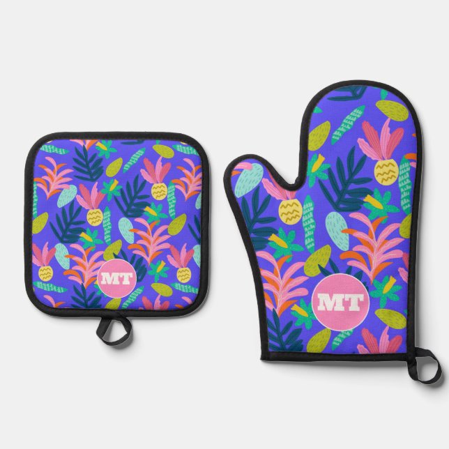 Custom monogram floral blue oven mitts mitt & pot holder set (Front)
