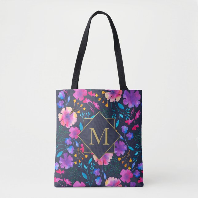 Custom Monogram Floral Navy Colourful Tote Bag (Front)