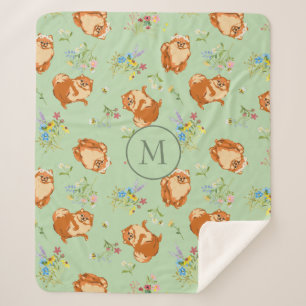 Custom Monogram Floral Pomeranian Pattern Green Sherpa Blanket