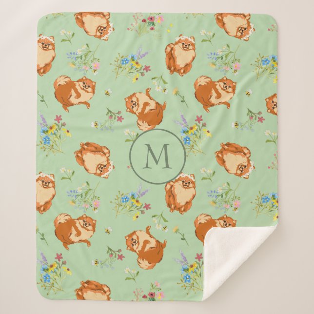 Custom Monogram Floral Pomeranian Pattern Green Sherpa Blanket (Front)