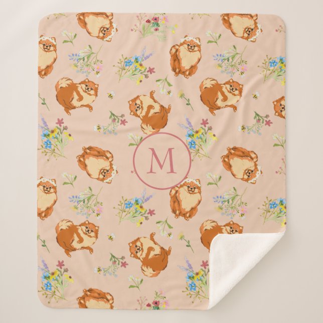Custom Monogram Floral Pomeranian Pattern Pink Sherpa Blanket (Front)