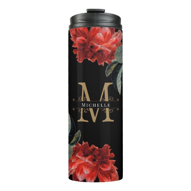 Custom Monogram Floral Red Gold Elegant Black Thermal Tumbler (Front)