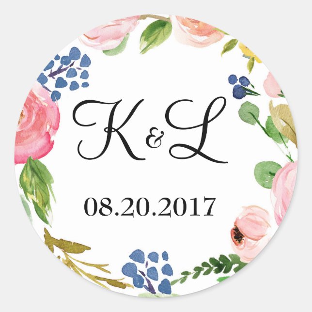 Custom Monogram Floral Wedding Round Sticker Favou (Front)