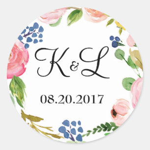 Custom Monogram Floral Wedding Round Sticker Favou