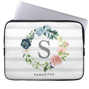 Custom Monogram Floral Wreath Gray Background Laptop Sleeve