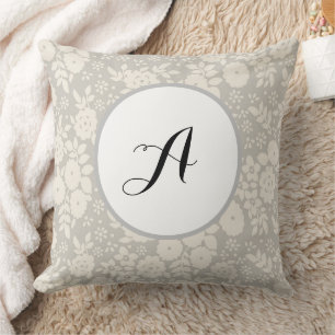 Custom Monogram Flower Pattern Grey Throw Pillow