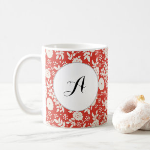 Custom Monogram Flower Pattern Red Coffee Mug