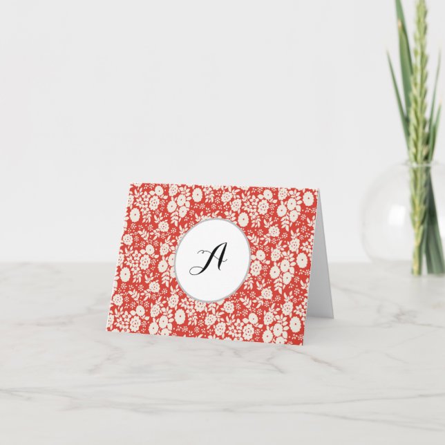 Custom Monogram Flower Pattern Red Thank You Card (Front)