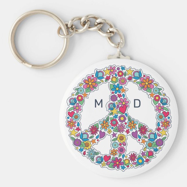Custom Monogram Flower Peace Sign Keychain (Front)