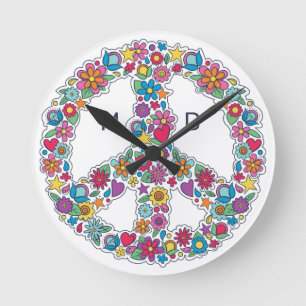 Custom Monogram Flower Peace Sign Round Clock
