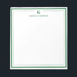 Custom Monogram Forest Green Border Stationery Notepad<br><div class="desc">Make a lasting impression with this elegant personalized stationery, featuring a bold forest green monogram and name in classic serif type. Framed by a double-line border for a refined touch, this flat note card is perfect for thank you notes, personal messages, or professional correspondence. Ideal for gifting or adding a...</div>