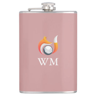 Custom Monogram Fox And Golf Ball Dusty Rose Pink Hip Flask