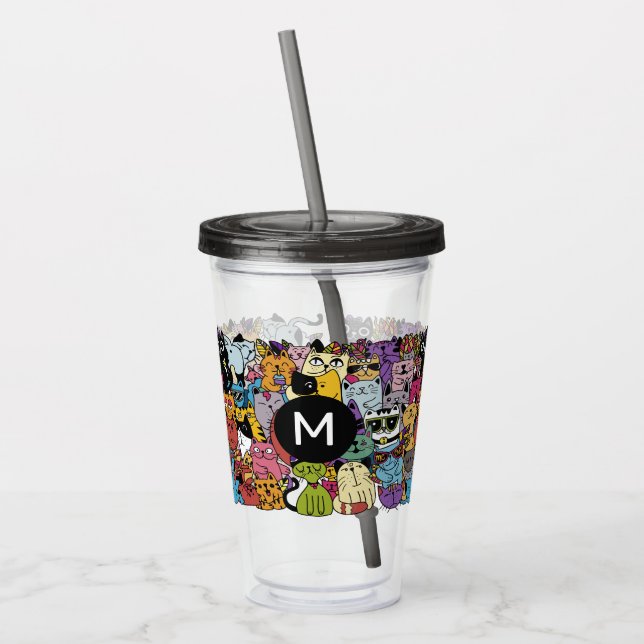 Custom Monogram Funny Cats Illustration Acrylic Tumbler (Left)