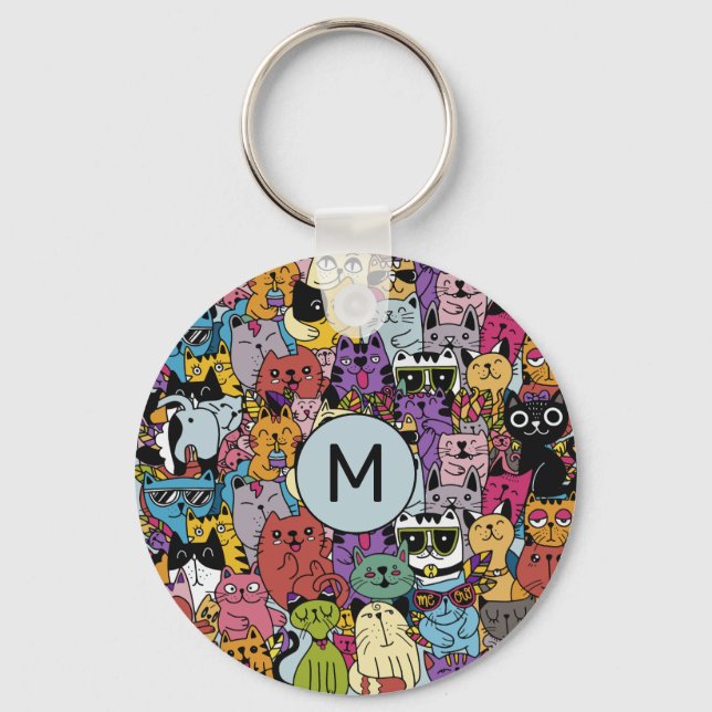 Custom Monogram Funny Cats Illustration Keychain (Front)