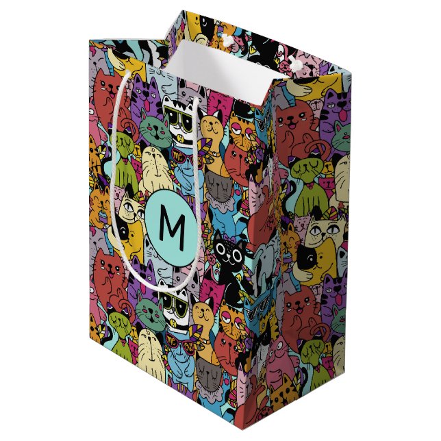 Custom Monogram Funny Cats Illustration Medium Gift Bag (Back Angled)