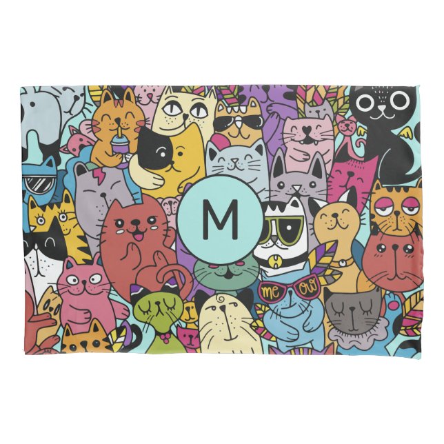 Custom Monogram Funny Cats Illustration Pillowcase (Front)