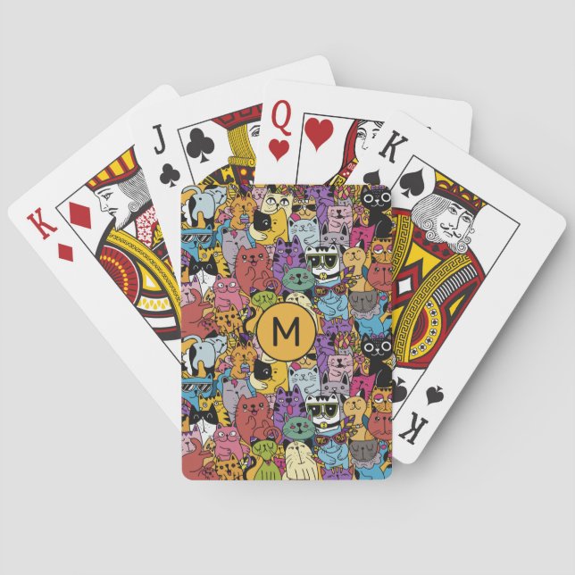 Custom Monogram Funny Cats Illustration Playing Cards (Back)