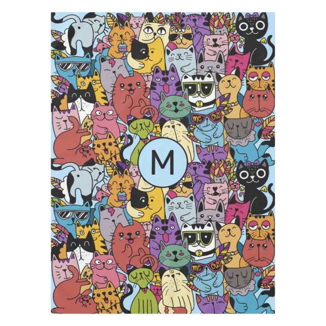 Custom Monogram Funny Cats Illustration Tablecloth (Front)