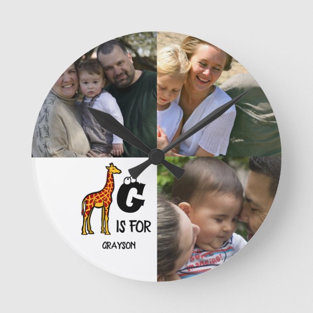 Custom monogram G is for Giraffe cute giraffes Round Clock (Front)