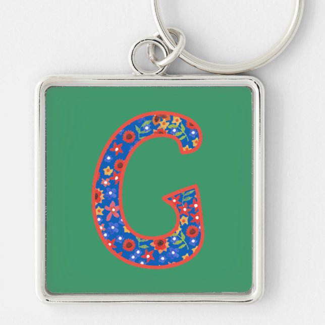 Custom Monogram G Keychain, Ditsy Floral Pattern Keychain (Front)