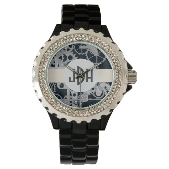 Custom Monogram Geared Up Black Enamel Watch (Front)