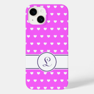 Custom Monogram Girly Pink With Cute White Hearts Case-Mate iPhone 14 Case