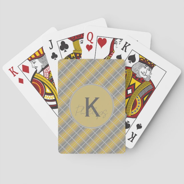 Custom Monogram Gold and Grey Plaid Playing Cards (Back)