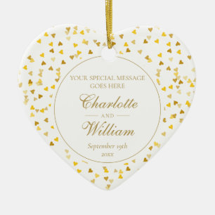 Custom Monogram Gold Hearts Confetti Wedding Ceramic Ornament