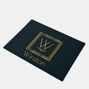 Custom Monogram Gold on Darkest Blue Doormat