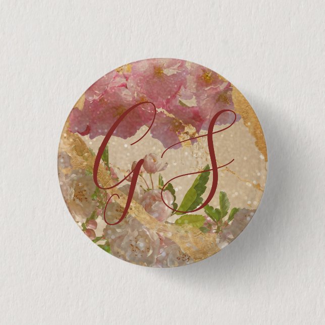 Custom Monogram Gold Shimmer Floral Decoupage 1 Inch Round Button (Front)