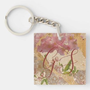Custom Monogram Gold Shimmer Floral Decoupage Keychain