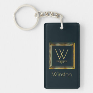 Custom Monogram Golden on Dark Blue Keychain