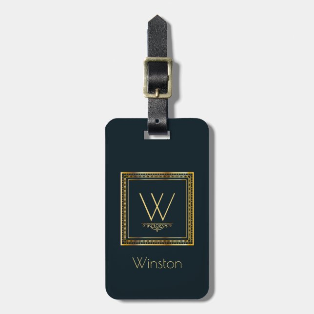 Custom Monogram Golden on Dark Blue Luggage Tag (Front Vertical)
