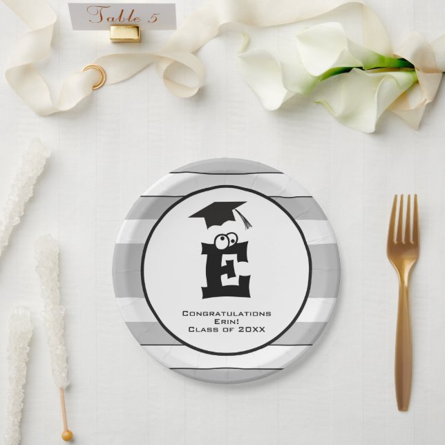 Custom Monogram Grad Black Grey Cute Paper Plate (Wedding)