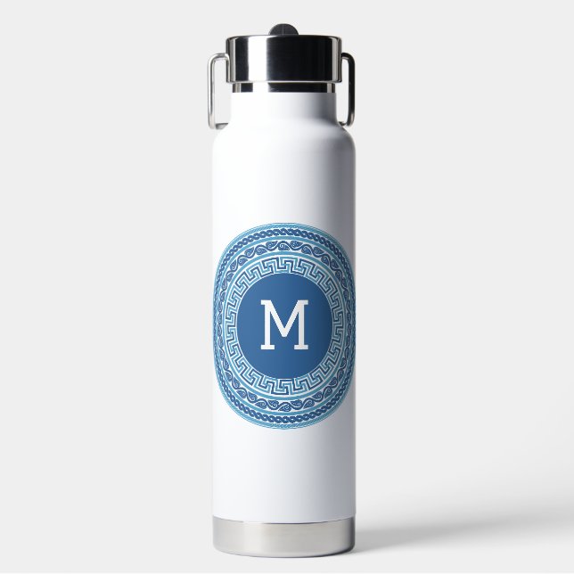 Custom Monogram Greek Pattern Water Bottle (Front)