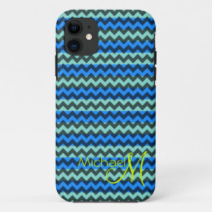 Custom Monogram Green Blue Chevron Zigzag iPhone 11 Case
