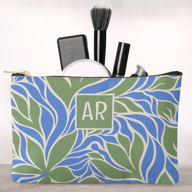Custom Monogram Green & Blue Modern Floral Pattern Accessory Pouch (Cool Green & Blue Modern Floral Pattern Monogram Accessory Pouch)