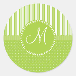 Custom Monogram Green Stripes Polka Dots Pattern Classic Round Sticker