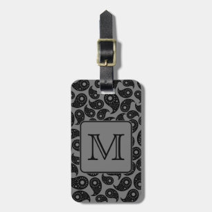 Custom Monogram. Grey and Black Paisley Pattern. Luggage Tag