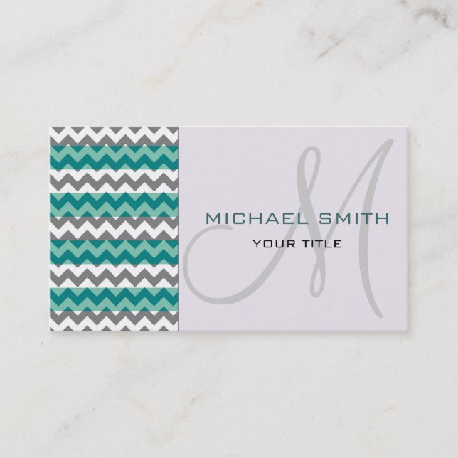 Custom Monogram Grey Mint Chevron Zigzag Pattern Business Card (Front)