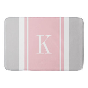 Custom Monogram Grey Pink Stripes Pattern Bath Mat