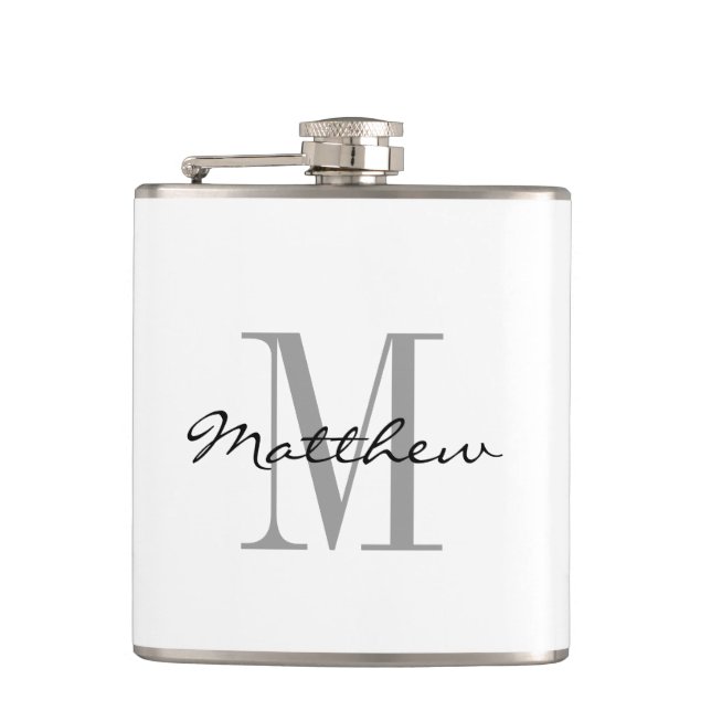 Custom monogram groomsman bridal party drink flask (Front)