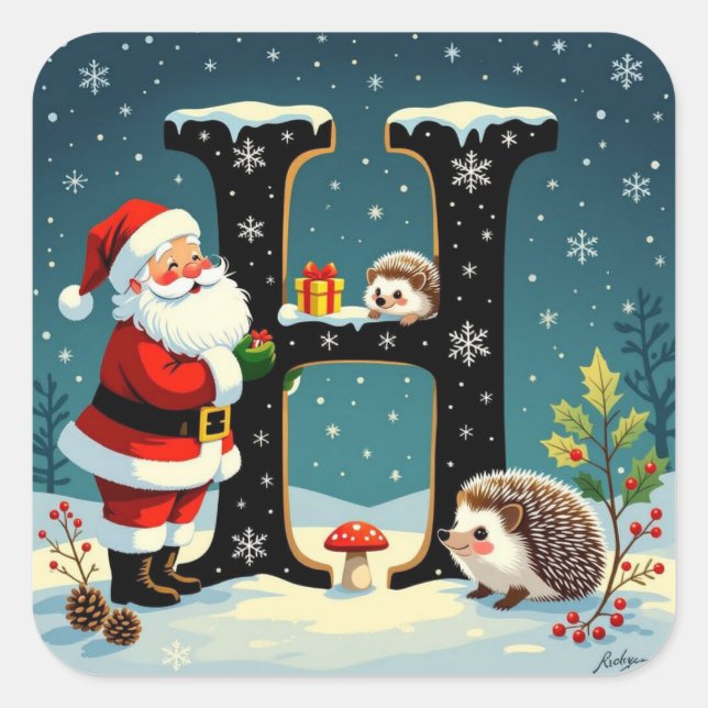 Custom monogram H Santa hedgehog snowflake Square Sticker (Front)