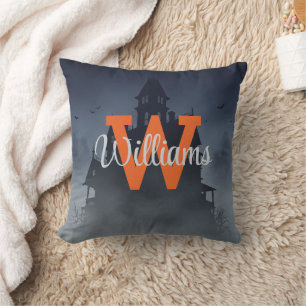 Custom Monogram Haunted House Halloween Decor Throw Pillow