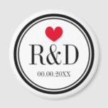 Custom monogram heart wedding party favour magnet<br><div class="desc">Custom monogram heart wedding party favour magnet. Round shape with red heart and personalized monogram name initial letters.  Cute personalized thank you token giveaway for guests. Includes date of marriage. Also great as save the date reminder.</div>