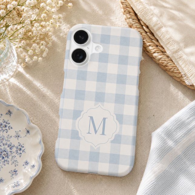 Custom Monogram Heirloom Coquette Blue Gingham (Personalized blue gingham phone case with custom monogram)