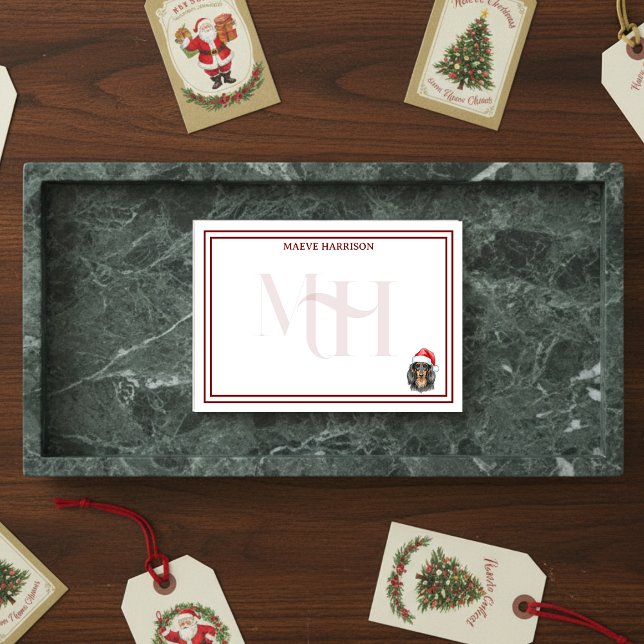 Custom Monogram Holiday Dachshund Santa Hat Post-it Notes (Gift custom holiday stationery to the dog lover in your life! )