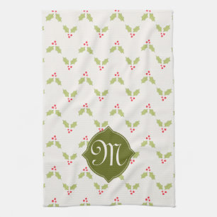Custom Monogram Holly Christmas Kitchen Towel